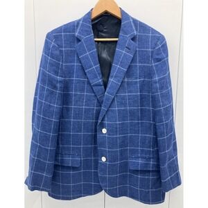 Caruso Men's Blazer Blue Windowpane Unstructured Made in Italy Size 44 Hemp Wool